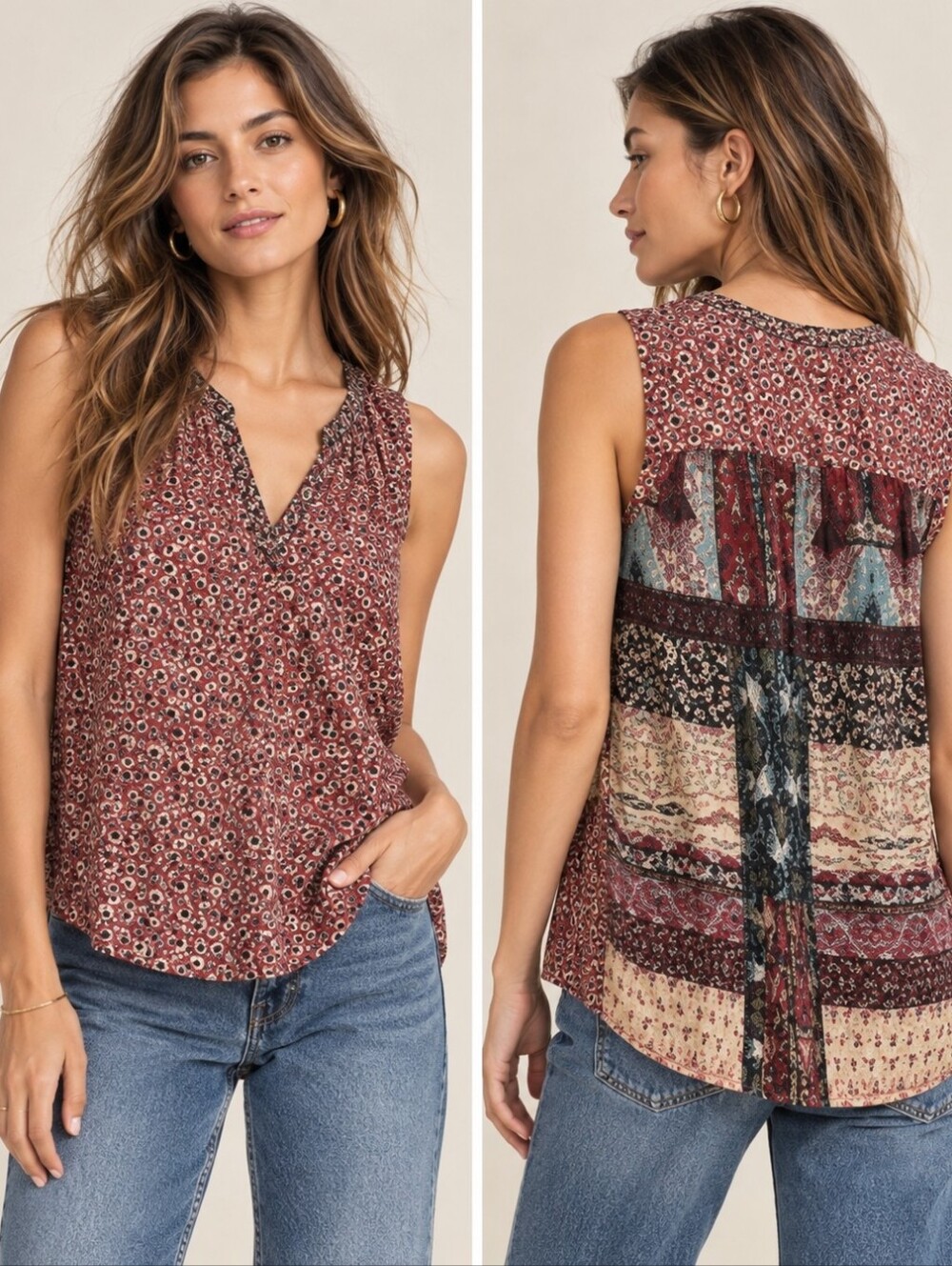 One September x Anthropologie Tamarosa Patchwork Pleated Back Tank Top Large